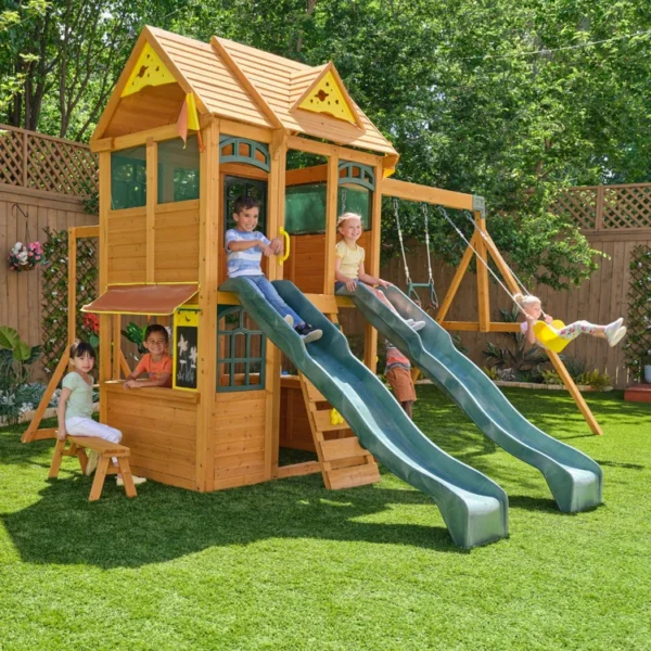 KidKraft Overland Heights Wood Swing Set with Monkey Bars, Double Wave Slide, and Play Kitchen